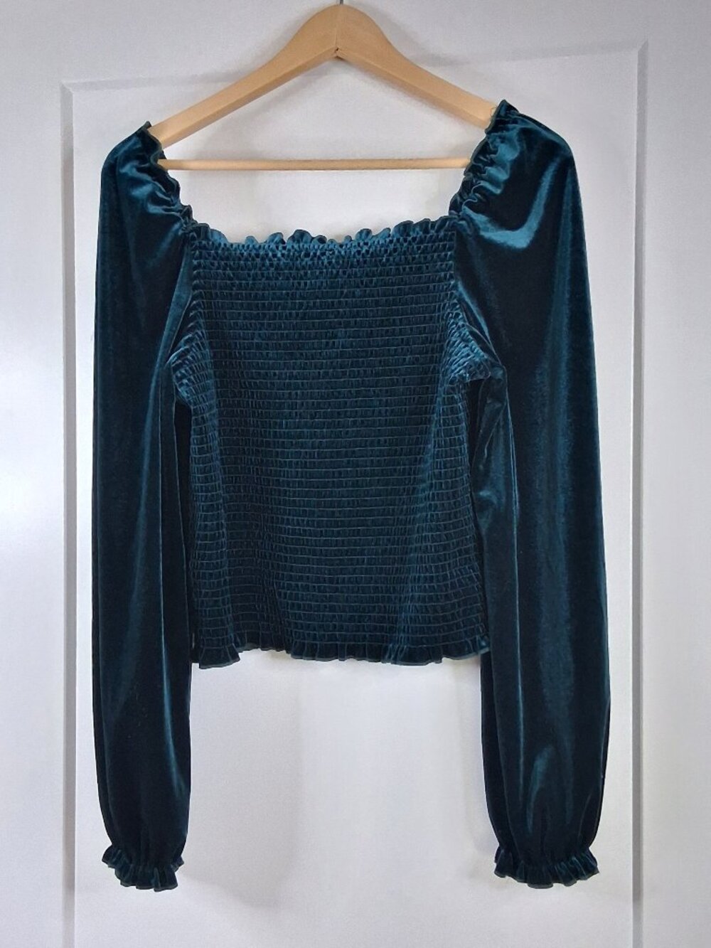 Laundry By Shelli Segal Velvet Smocked Off Shoulder Top Green Whimsigoth Boho L